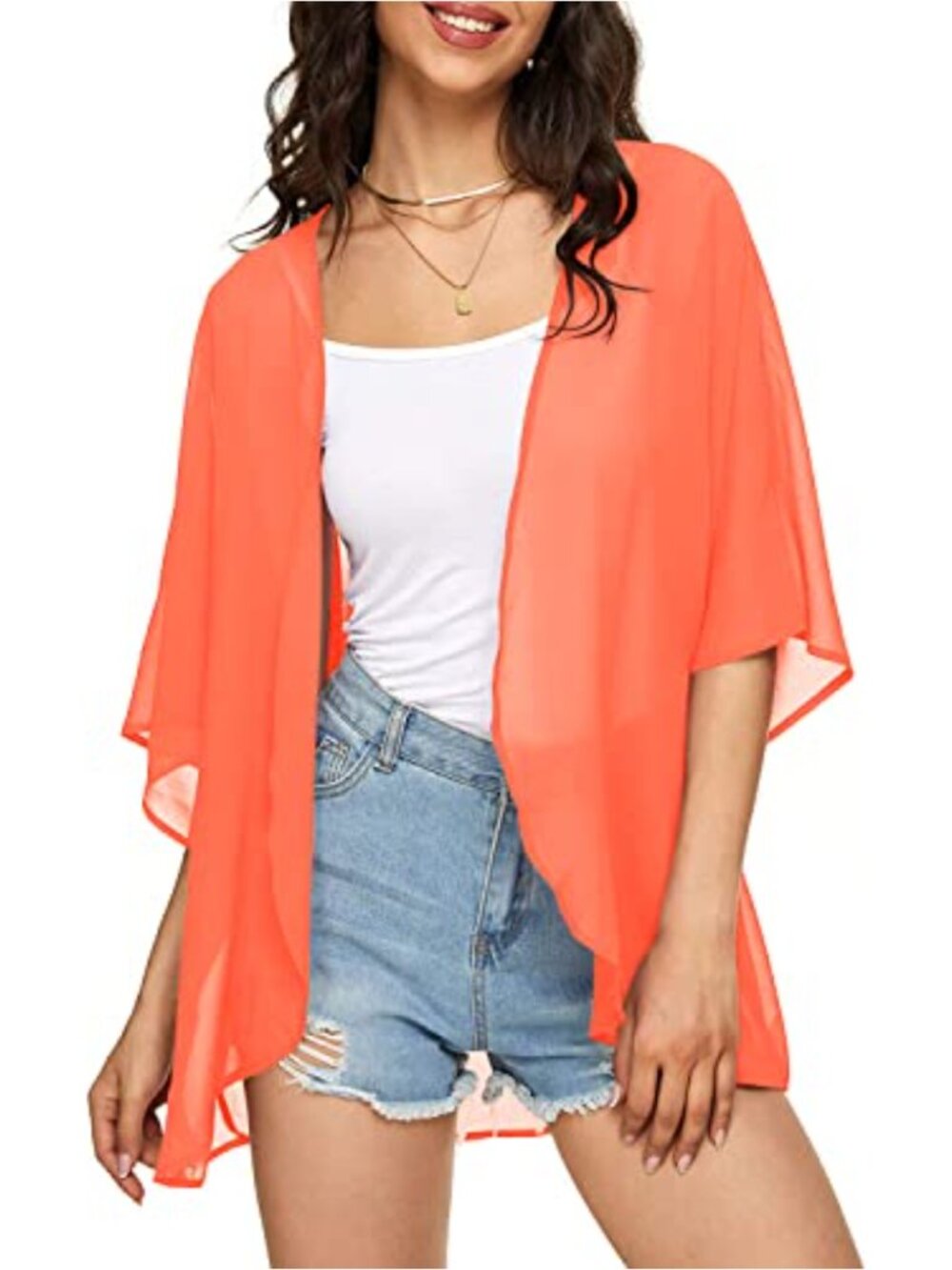 Women's Sheer Chiffon Puff Sleeve Kimono Cardigan Beach Cover Up Top